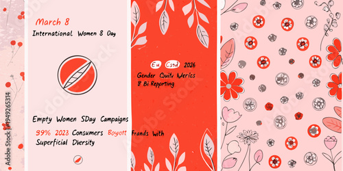 International women s day graphic with floral elements and campaign messaging