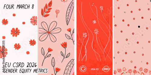 Floral pattern background with text referencing march 8th and gender equity