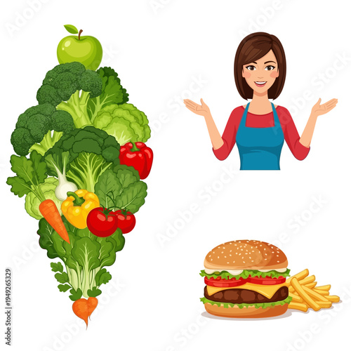 Healthy Diet vs Junk Food: Woman Comparing Vegetables and Burger Meal