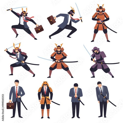 Samurai Business Warriors Fighting and Bowing with Briefcases, Vector Illustration