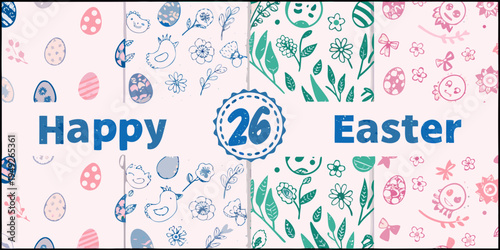 Colorful easter patterns with floral designs and cute chick illustrations