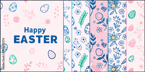 Colorful easter pattern with flowers eggs and a happy easter greeting