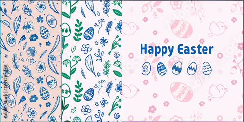 Four patterned backgrounds featuring easter eggs flowers and chicks