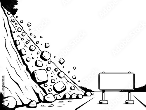 Black and white of a rockslide cascading down a steep cliff onto a road with a blank billboard sign
