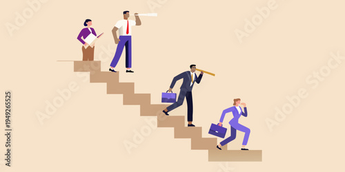 Business professionals ascending stairs symbolizing career growth and future vision