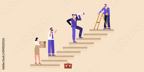 Business people ascending stairs symbolizing growth and future success