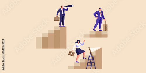 Businesspeople climbing stairs representing growth success and future planning