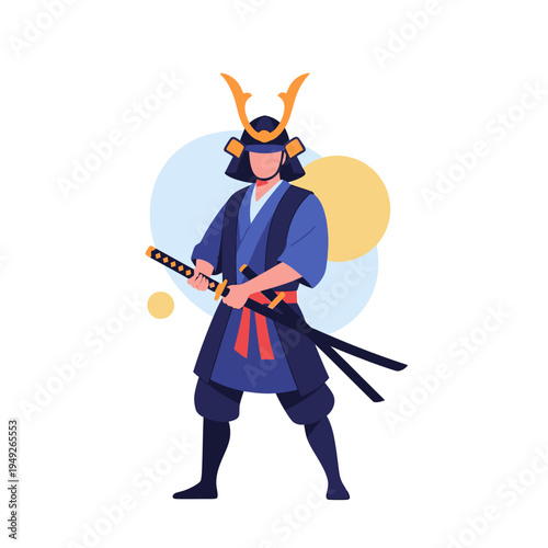 Samurai warrior in traditional armor holding two katanas, Japanese warrior illustration