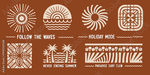 Collection of bohemian summer icons with wave and tropical motifs