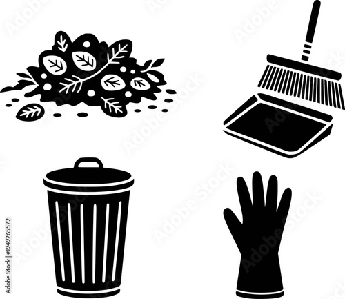 Black silhouette of autumn leaves trash can broom dustpan and glove