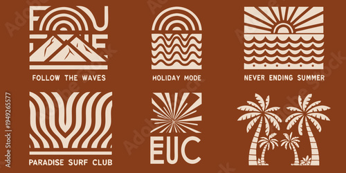 A collection of retro style summer themed graphic designs and typography