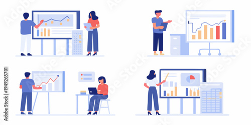 Business professionals collaborating and presenting data with charts and graphs