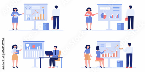 Business professionals collaborating and presenting data analysis in a modern office