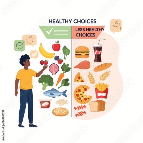 Healthy vs Unhealthy Food Choices: Man Choosing Fruits and Vegetables