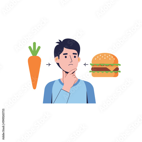 Man choosing between healthy carrot and unhealthy hamburger, diet decision