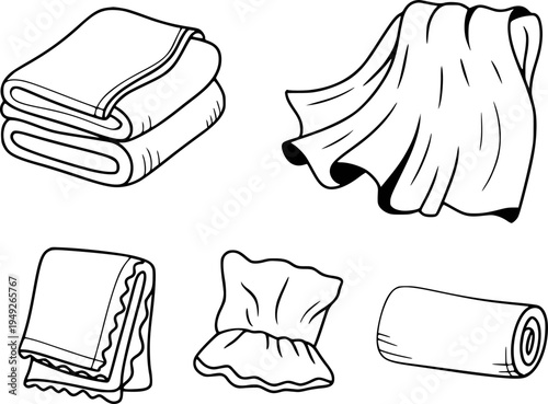 Collection of Hand Drawn Towels and Cloths in Various Folds and Rolls fabric textile