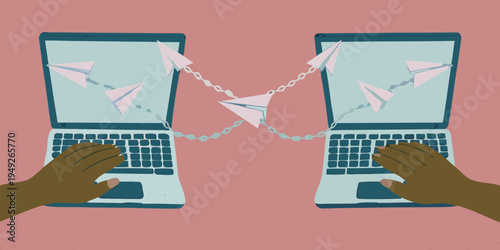 Digital connection two laptops linked by paper airplanes and chains