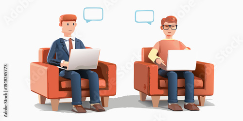 Two cartoon people engaging in a virtual meeting using laptops and chairs