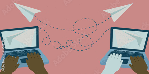 Connecting through technology paper airplanes fly between two laptops