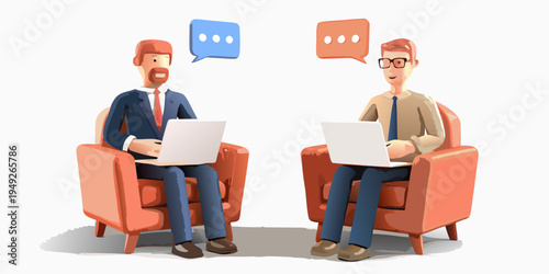 Two men with laptops engaged in a conversation rendered in 3d