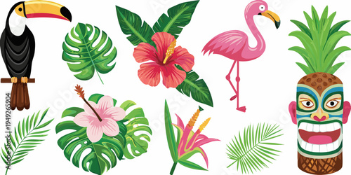 Tropical birds flowers and tiki mask in a colorful illustration