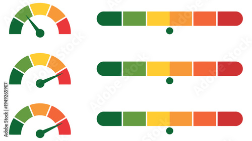 Scale icon with circular gauge and bar indicator, level rating meter for temperature, speed and energy monitoring, progress control dashboard element, user interface measurement symbol, simple vector 