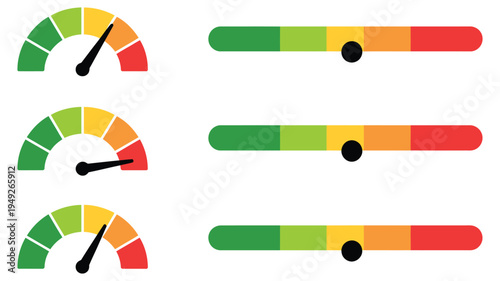 Scale icon with a circle and bar, level rating gauge indicator for temperature, speed and energy measurement, progress meter interface symbol, dashboard control dial, modern flat vector illustration.