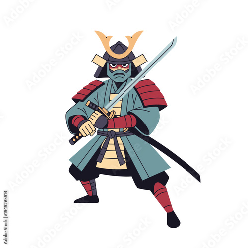 Stylized Samurai Warrior with Sword, Japanese Warrior, Bushido, Isolated