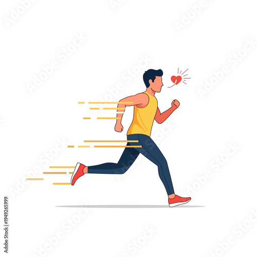 Man running fast, healthy lifestyle, cardio exercise, fitness pursuit, heart symbol