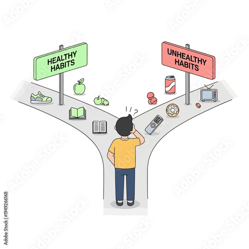 Person choosing between healthy and unhealthy habits at a crossroads