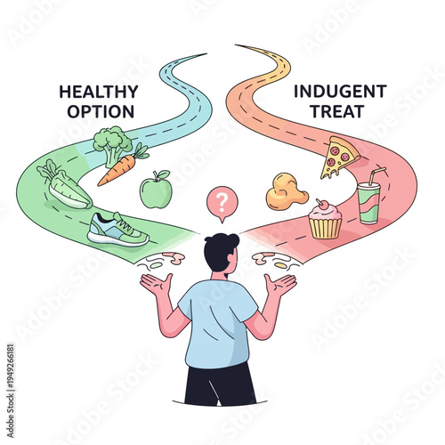 Person choosing between healthy food and junk food, making a life choice