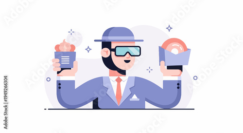Cartoon man in suit and hat, with VR goggles, holding treats