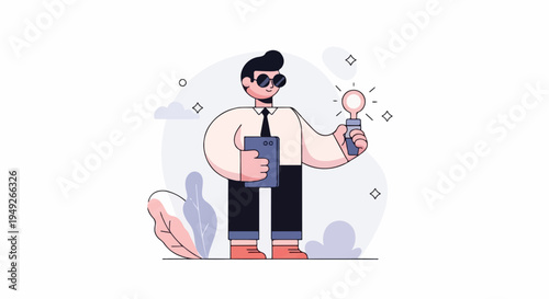 Cartoon man in suit and sunglasses holding tablet and glowing light bulb