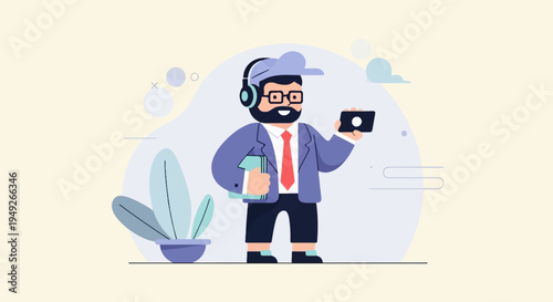 Cartoon man in suit, headphones, holding a book and a device