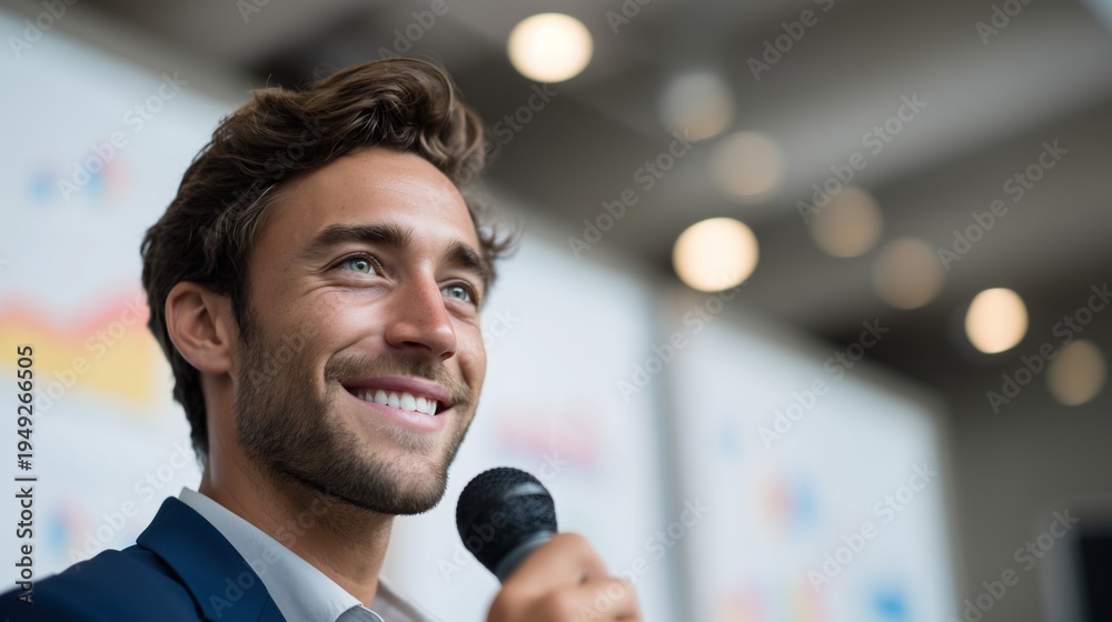 Naklejka premium Business presentation at conference. Young male speaker with microphone. Professional keynote speech with charts. Leadership and communication concept. Corporate seminar talk.