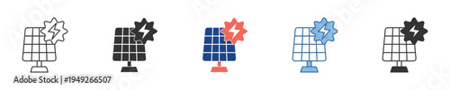 Modern Icon Collection Depicting Solar Panel Energy Production, Renewable Power Technology, and System Settings for Sustainable Green Energy Solutions