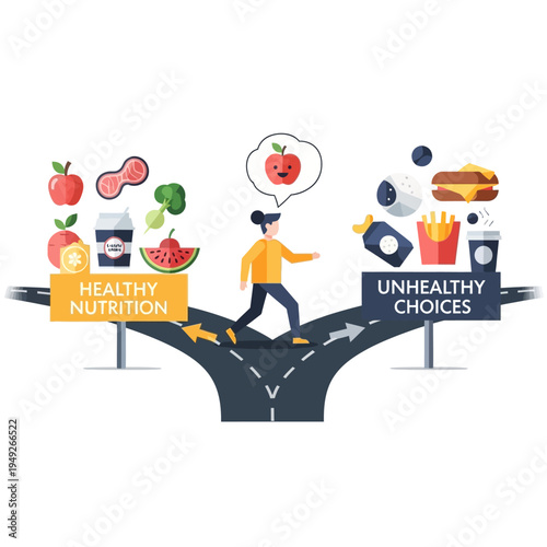 Woman choosing healthy nutrition over unhealthy choices at a crossroads