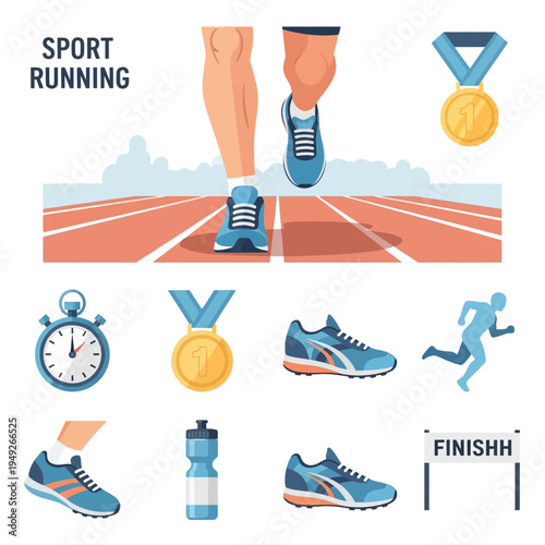 Running Sport Elements: Athlete Legs, Medals, Stopwatch, Shoes, Water Bottle, Finish Line