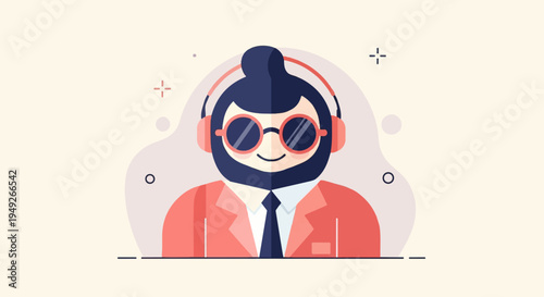 Cartoon man in suit, sunglasses, and headphones, with abstract shapes