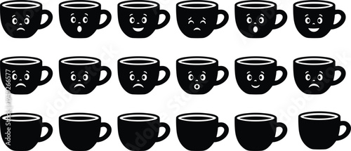Black Coffee Cup Icons Set with Different Facial Expressions and Emotions for Mood Tracking Coffee Shop Branding Flat Vector Silhouette Illustrations on White Background