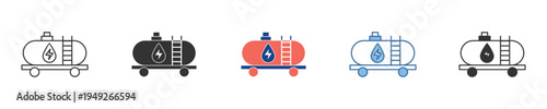Collection of diverse railway tank car icons, showcasing various styles for illustrating liquid cargo, fuel, oil, and chemical transport on train wagons in industrial logistics