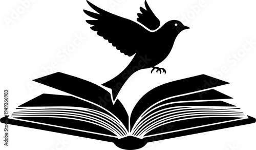 Open Book with Bird Flying silhouette vector illustration