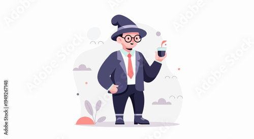 Cartoon man in wizard hat and suit holding a steaming cup of coffee