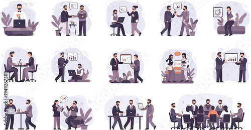 Business professionals collaborating in diverse office settings and meetings