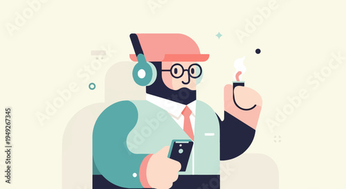 Bearded man with glasses, headphones, pipe, and phone