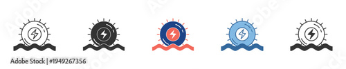Sustainable Hydroelectric Power Generation Icon Set Water Turbine Producing Clean Energy from River or Ocean Waves, Renewable Energy Symbols for Environmental Projects
