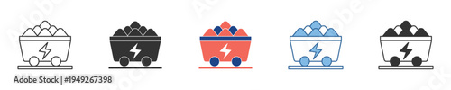 Collection of diverse flat icons featuring a mine cart loaded with resources, accented by a lightning bolt, symbolizing energy, power, and industrial supply