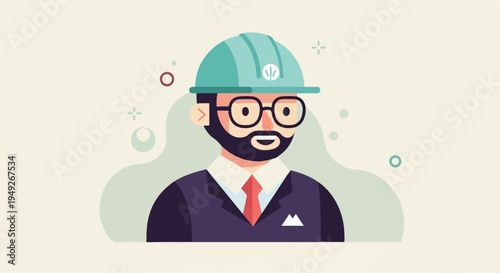 Bearded man in hard hat, glasses, suit, and tie