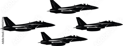 Four black fighter jets on white background black silhouettes aircraft military planes aviation