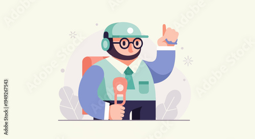 Cartoon man in cap and headphones holds microphone, gives thumbs up